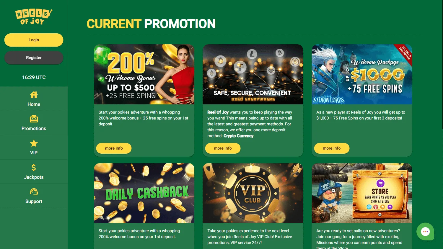 Reels Of Joy Casino desktop promotions with welcome offers and free spins