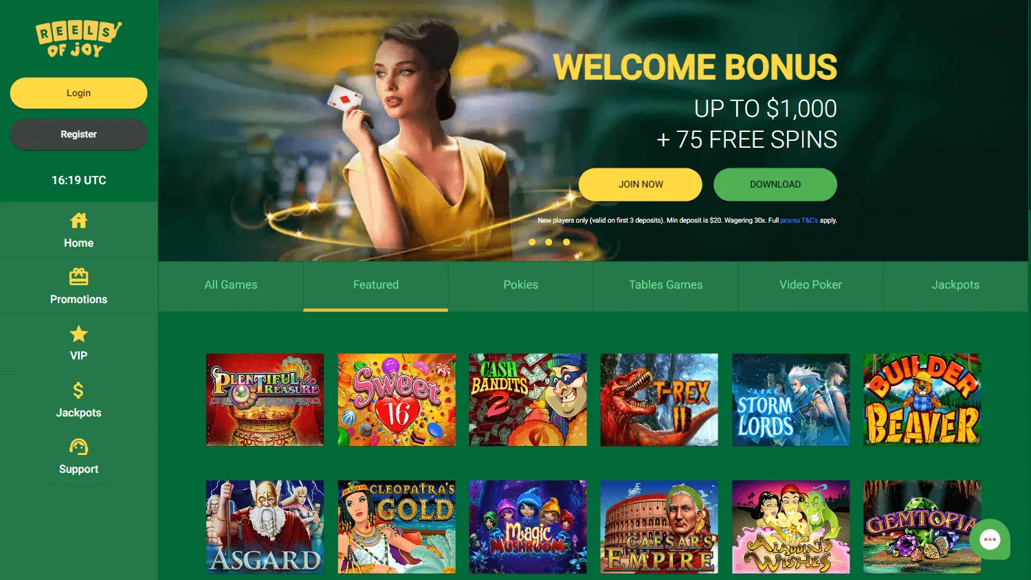 Reels Of Joy Casino desktop home with RTG casino games and AUD play