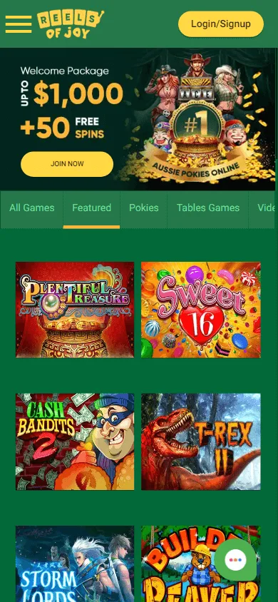 Reels Of Joy Casino mobile browser home with casino games